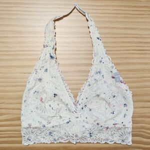 NWT PINK Victoria's Secret Off White Printed Floral Lace Halter Bralette Size S
